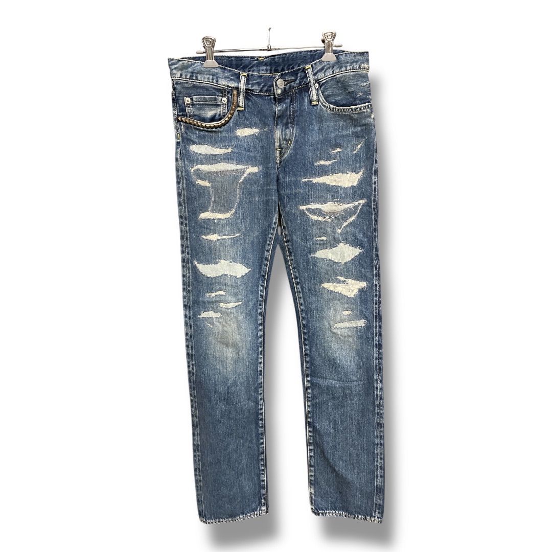 HYSTERIC JEANS ヒステリック ジーンズ ダメージリペア加工 スタッズデニムパンツ セルビッジジーンズ ジーパン コットン 日本製 小さいサイズ メンズ サイズXS ブルー ゴーゴー古着久喜倉庫店 51 No.K2719