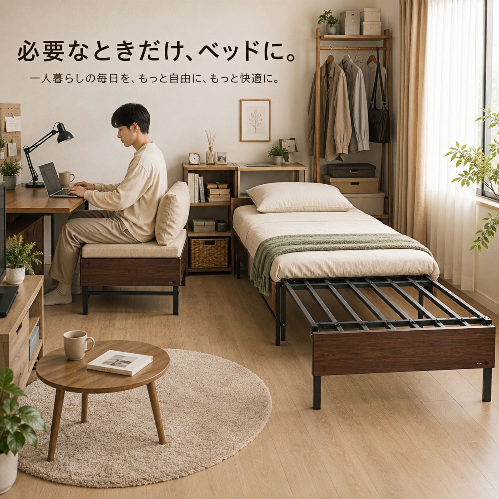 【予約販売・9/8前後より順次発送予定】伸縮式ベッド シングル ベッドフレーム スチールベッド 一人暮らし 省スペース コンパクト収納 伸長式 折りたたみ 来客用 ベッド下収納 すのこ 通気性 耐荷重150kg 軽量 約20kg ホワイト✕ブラック