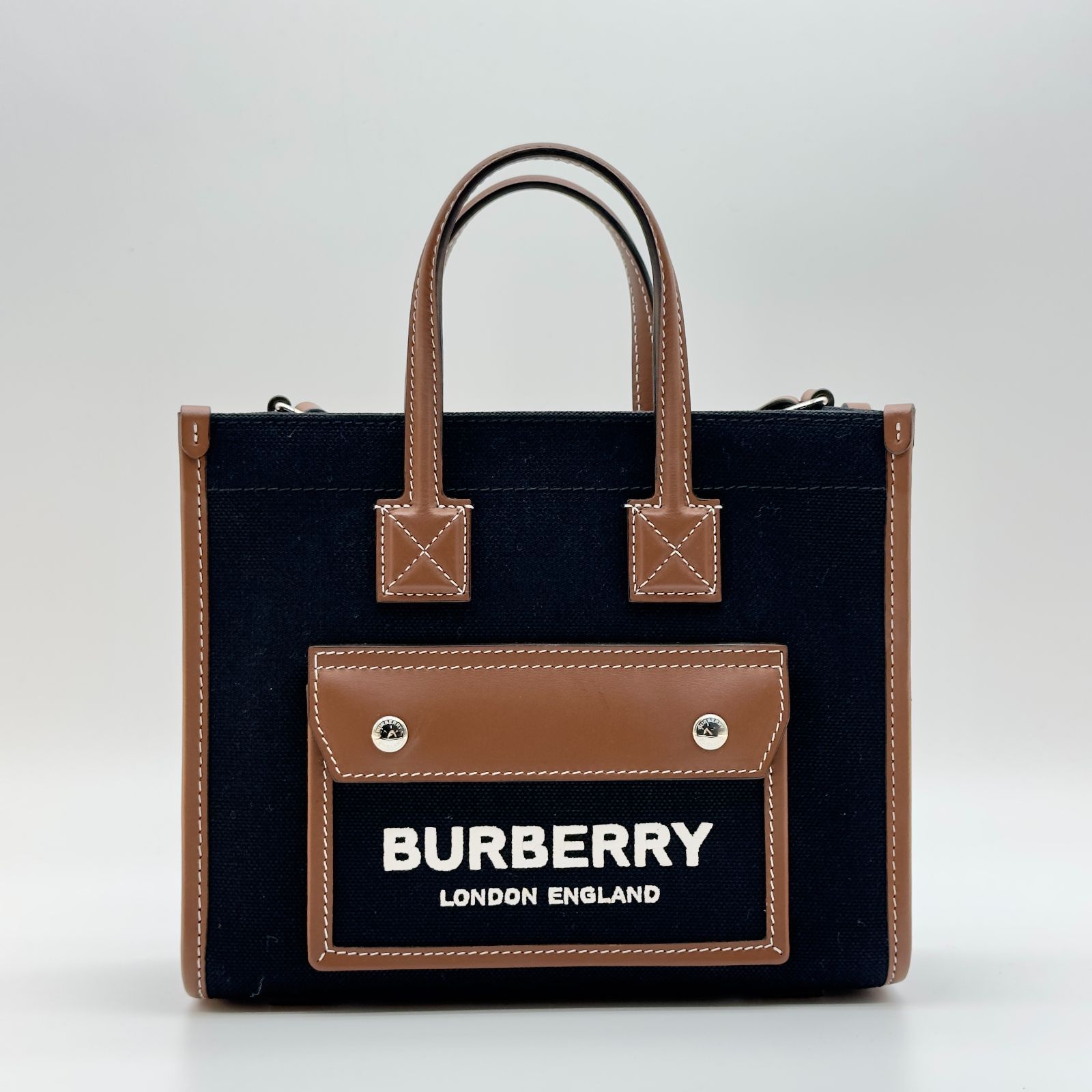 【中古】BURBERRY ミニフレヤ 2WAY トートショルダー キャンバス × レザー ブラック × ブラウン レディース