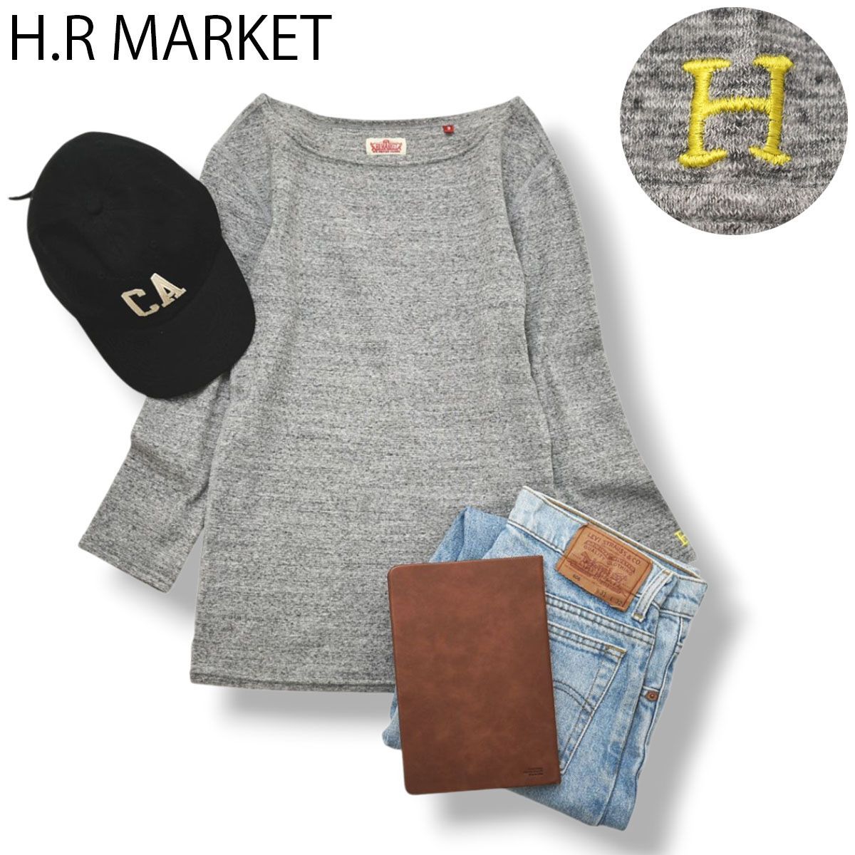 【定番】 日本製 ハリウッドランチマーケット H.R MARKET 長袖 ボートネック バスクシャツ カットソー H 刺繍ロゴ 3 グレー レディース ♪
