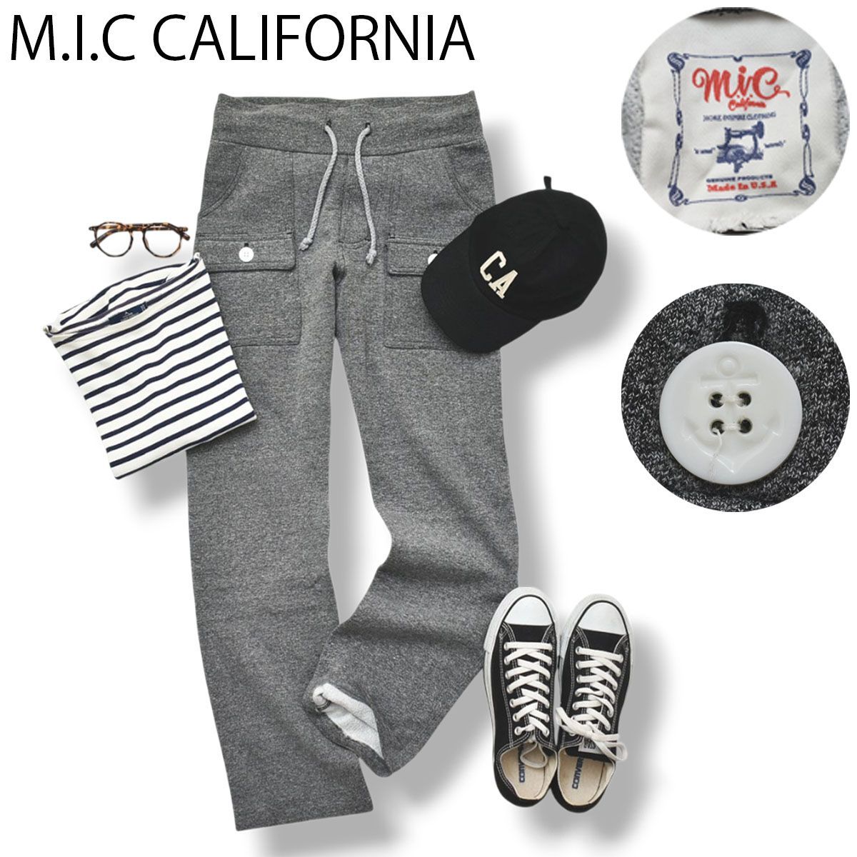 90s USA製 エムアイシー カリフォルニア M.I.C CALIFORNIA ストレート ポケット付き ジャージ スウェット カーゴパンツ M グレー アメカジ ストリート カジュアル メンズ