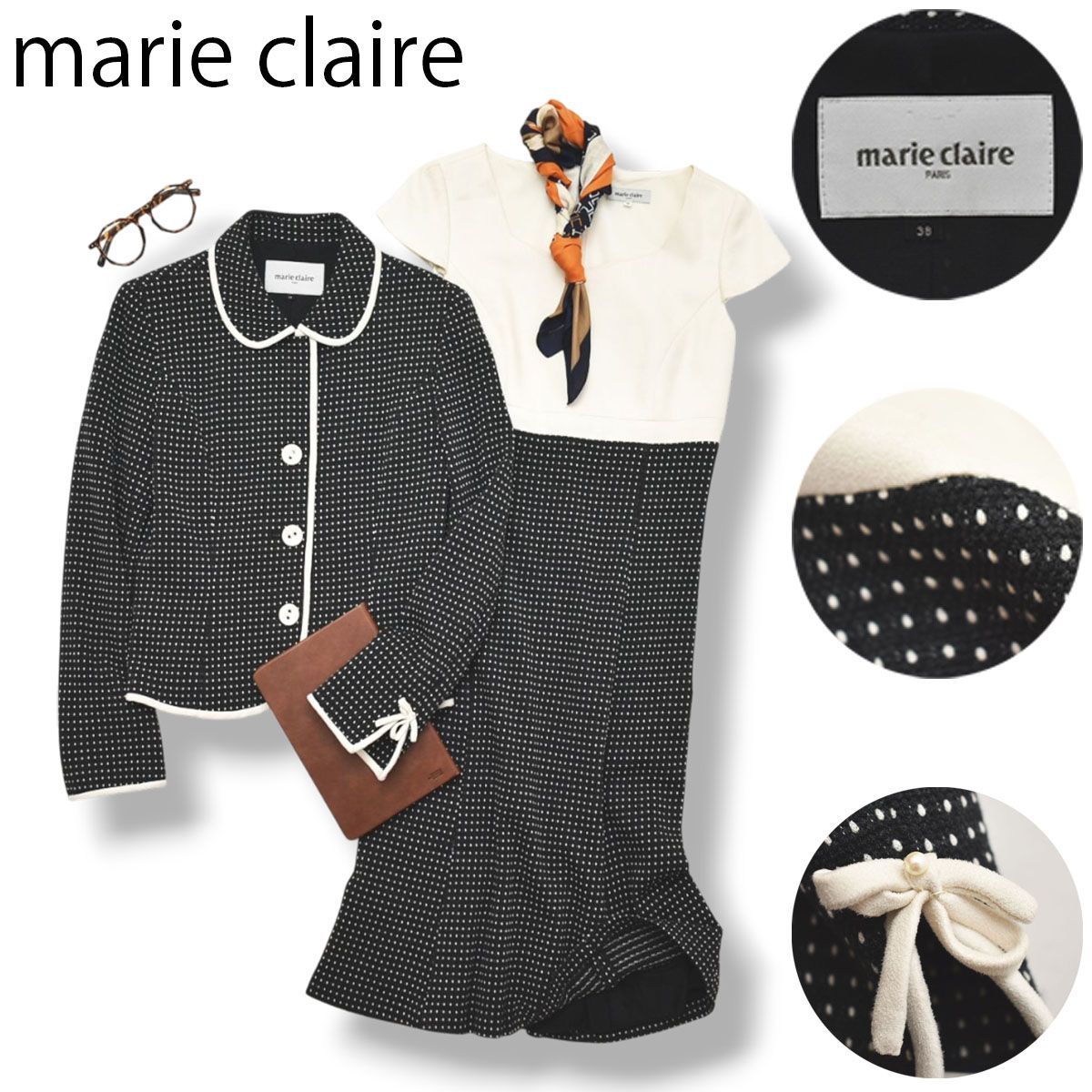 【美品】マリクレール marie claire 半袖 ワンピース 長袖 ジャケット ブレザー アンサンブル セットアップ 2点セット 38 ドット柄 ブラック 黒 x ホワイト 白 レディース ♪