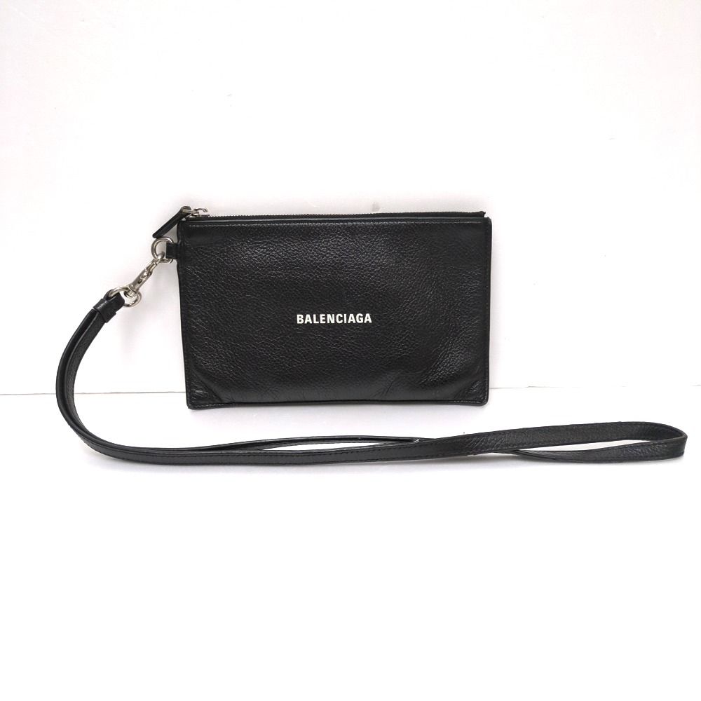 Dz814791 BALENCIAGA バレンシアガ 659783 ストラップ付き レザーポーチ ネックポーチ ブラック メンズ レディース ※カードホルダー欠品　中古 15,400円
