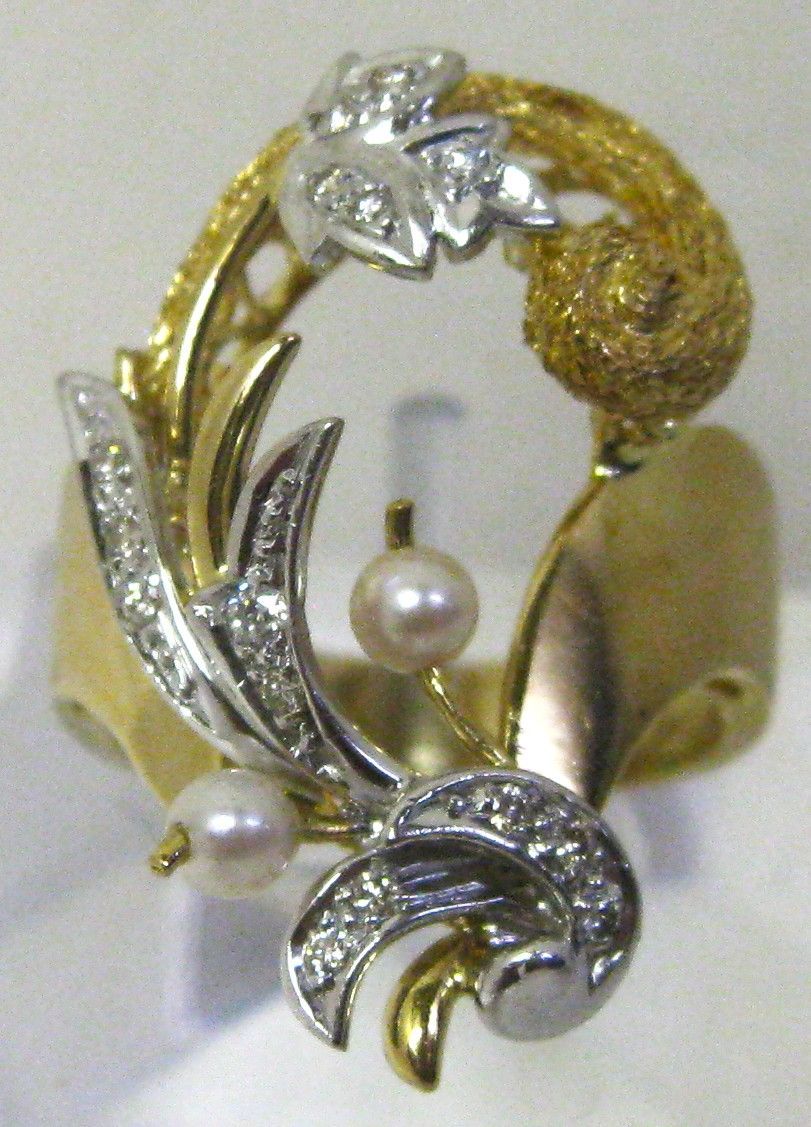 極美品K18リング指輪 小川和郎作ベビーパール2ヶダイヤ0.12ct #12.5
