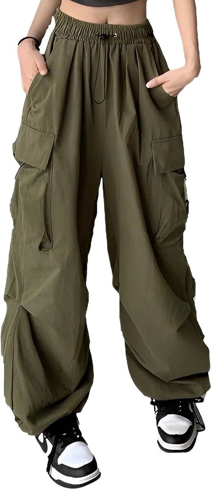 Four leaf Cargo Pants Women's Adult Cute wide-leg casual pants with elastic waistband, jogger pants, bottoms, trousers, balloon pants, baggy pants, parachute pants, easy pants (Green, M)