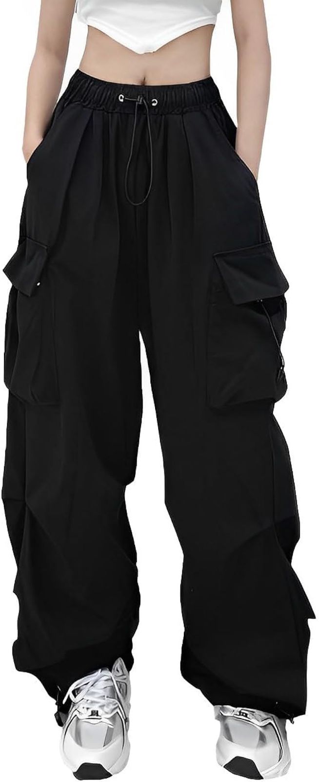 Four leaf Cargo Pants Women's Adult Cute wide-leg casual pants with elastic waistband, jogger pants, bottoms, trousers, balloon pants, baggy pants, parachute pants, easy pants (Black, L)