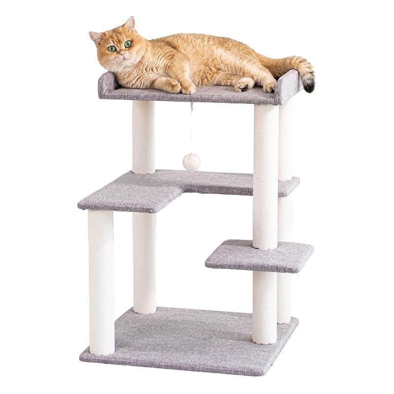 【新品】 PETTIFUL キャットタワー ＼全面クッション入り／ 据え置き おしゃれ 麻生地張り 多頭飼い 登りやすい 小型 見晴台 スリム 猫タワー リネン生地張り 通気性 省スペース 人気 快適 高齢猫 子猫 爪研ぎ コットン紐 キャットツリー コン 1