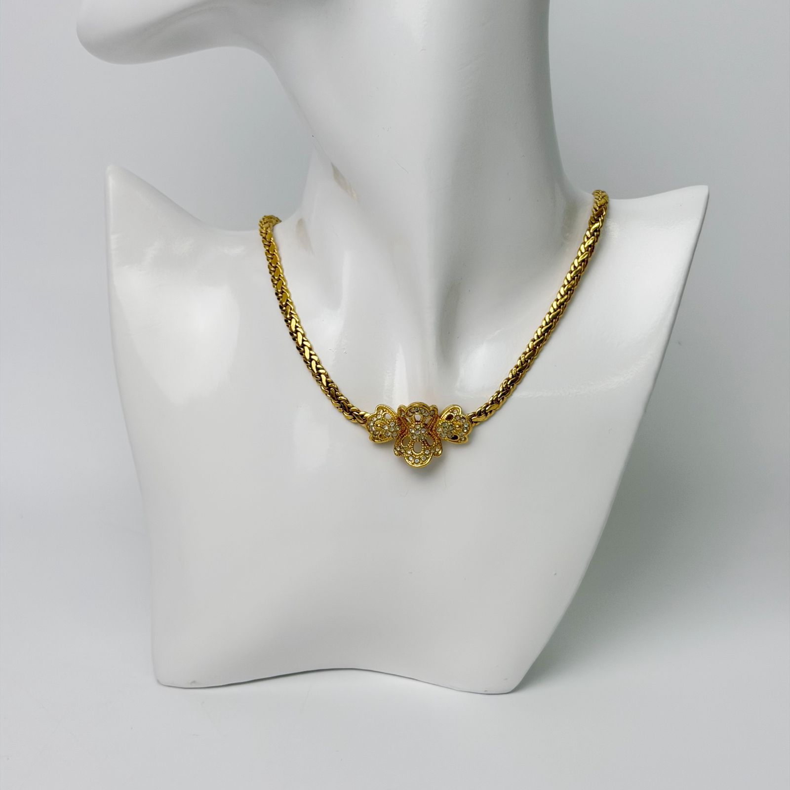 【中古】Christian Dior クリスチャン ディオール クリスタル フローラル チョーカー ネックレス メッキ / ラインストーン ゴールド / クリア ヴィンテージ レディース HIBUOCHI VINTAGE hboc260815a16