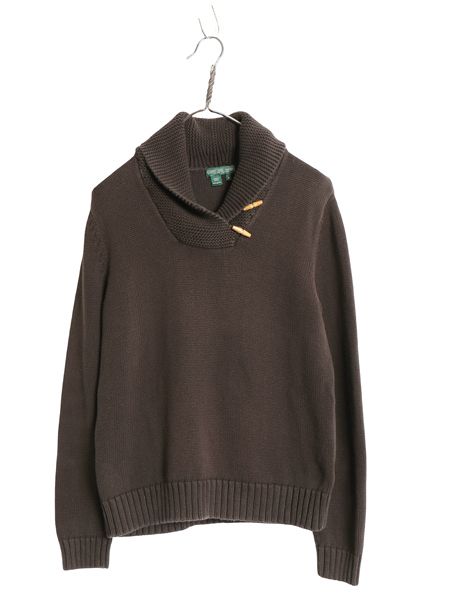 00s ラルフローレン ジーンズ ショールカラー ニット セーター レディース M ポロ オールド コットン ストレッチ リブ編み プルオーバー 茶