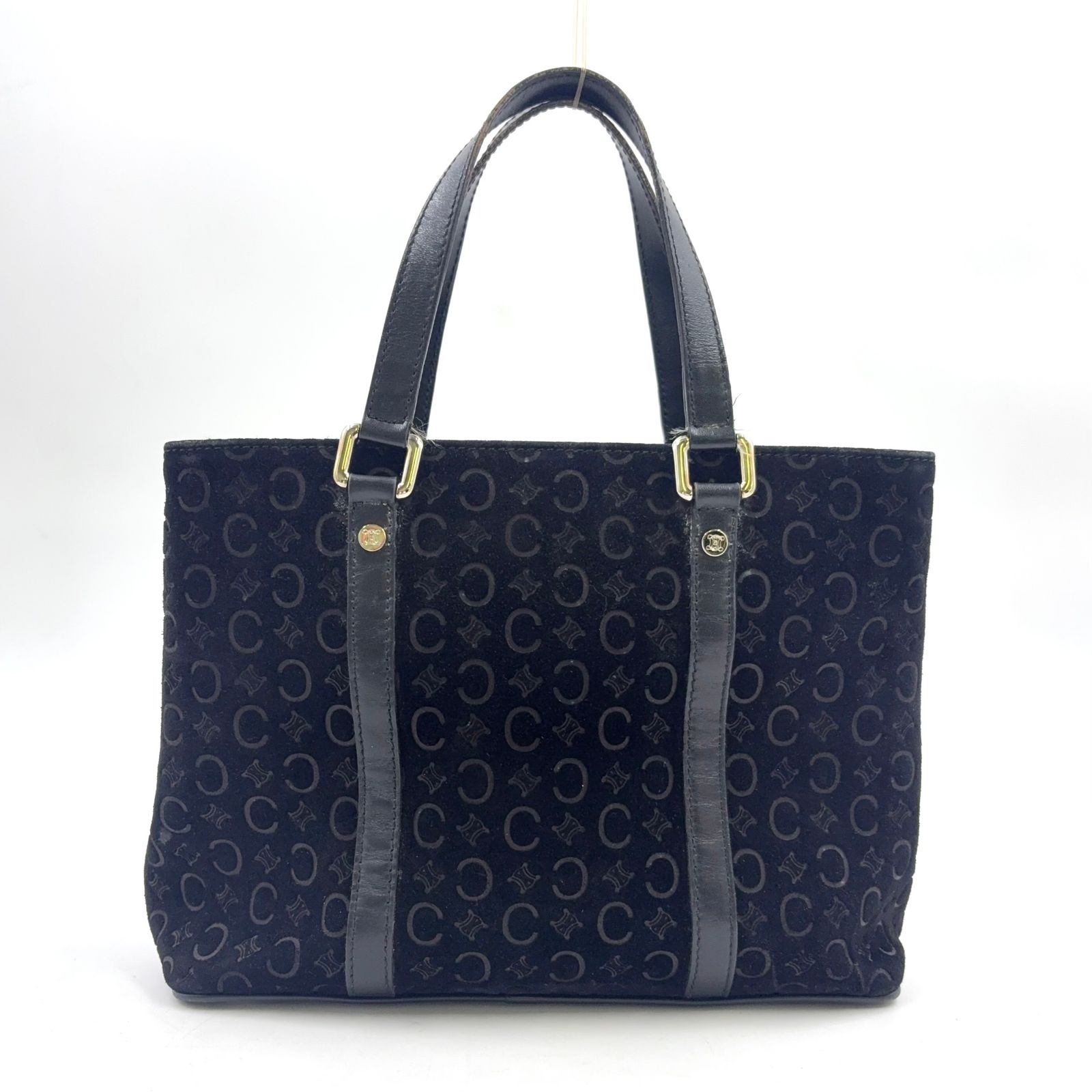 【新着】CELINE Ｃマカダム柄 レザー スエード ブラック ハンドバッグ シルバー