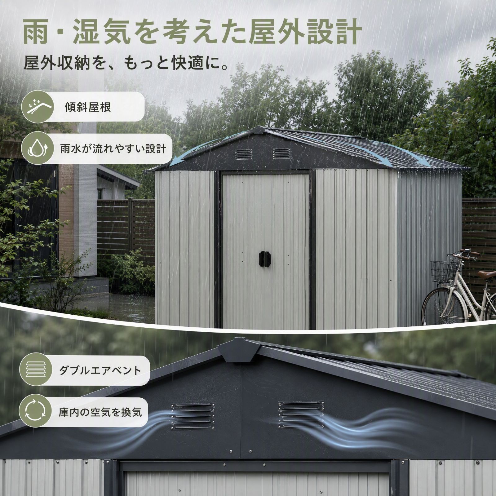 【数量限定1000円OFF】物置 屋外 大型 幅236cm スチール物置 倉庫 大容量 ワイド収納 両開き引き戸 換気口付き 防錆 頑丈 戸外収納庫 ガーデン収納 屋外収納 自転車収納 工具収納 タイヤ収納 園芸用品 防災用品 庭 ガレージ 収納庫 GRAY