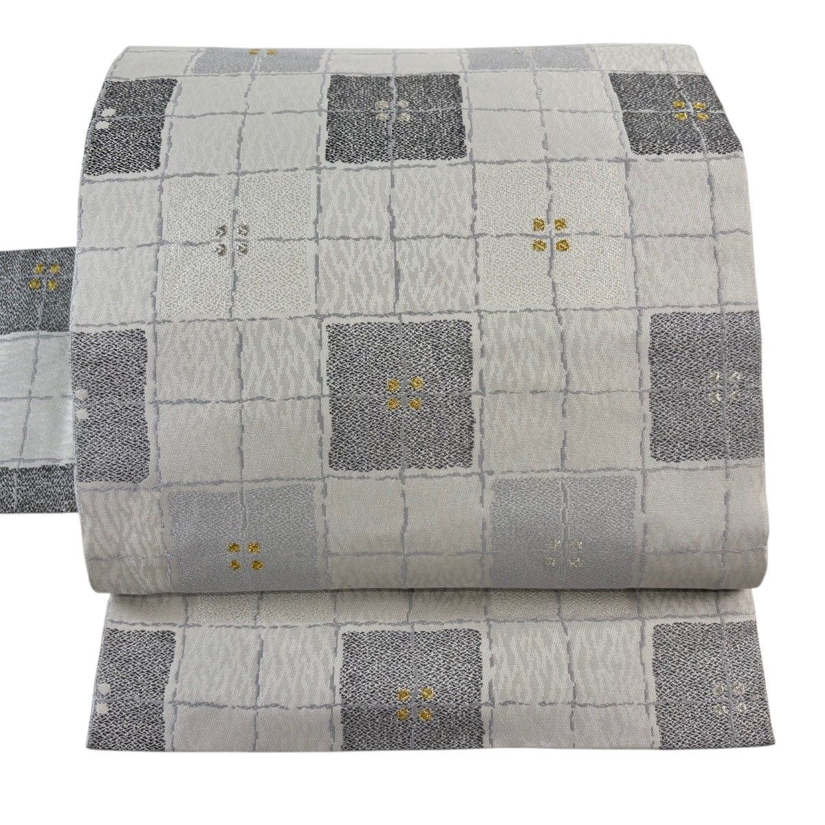 【美品】 名古屋帯 秀品 格子 花 金銀糸 灰色 正絹 【中古】