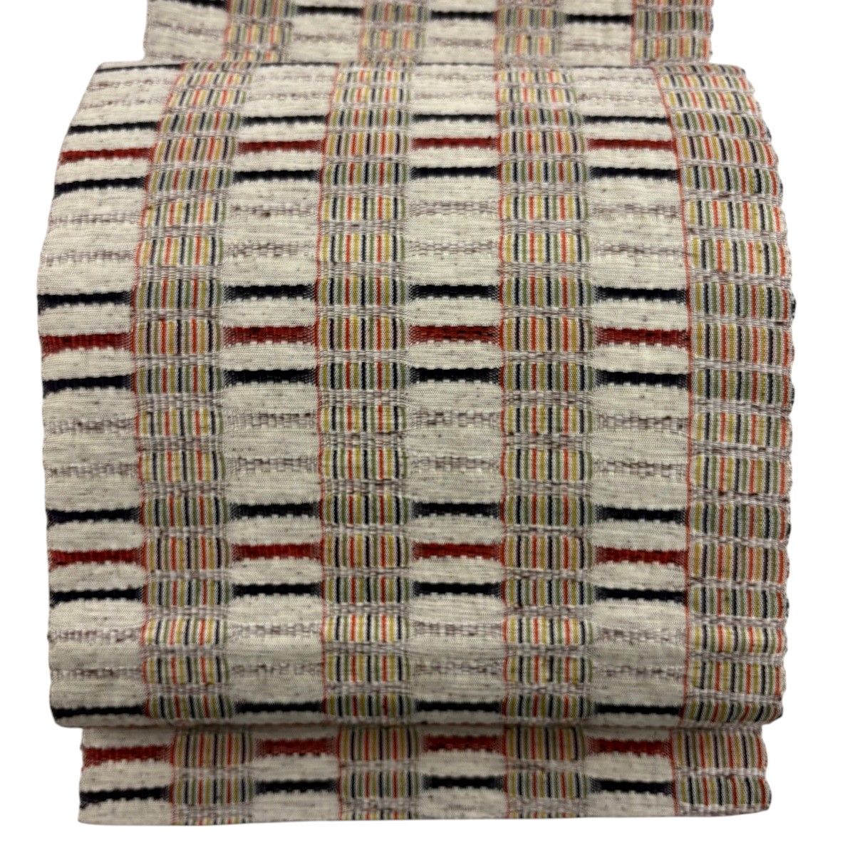 【美品】 名古屋帯 秀品 八寸名古屋帯 松葉仕立て 幾何学模様 縞 灰白 正絹 【中古】 8,260円