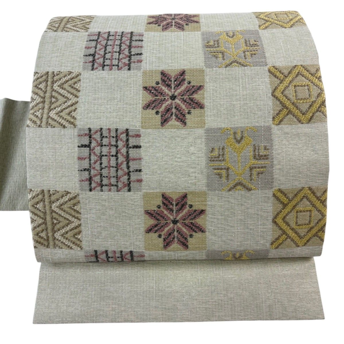 【美品】 名古屋帯 秀品 幾何学模様 変わり市松 灰緑 正絹 【中古】