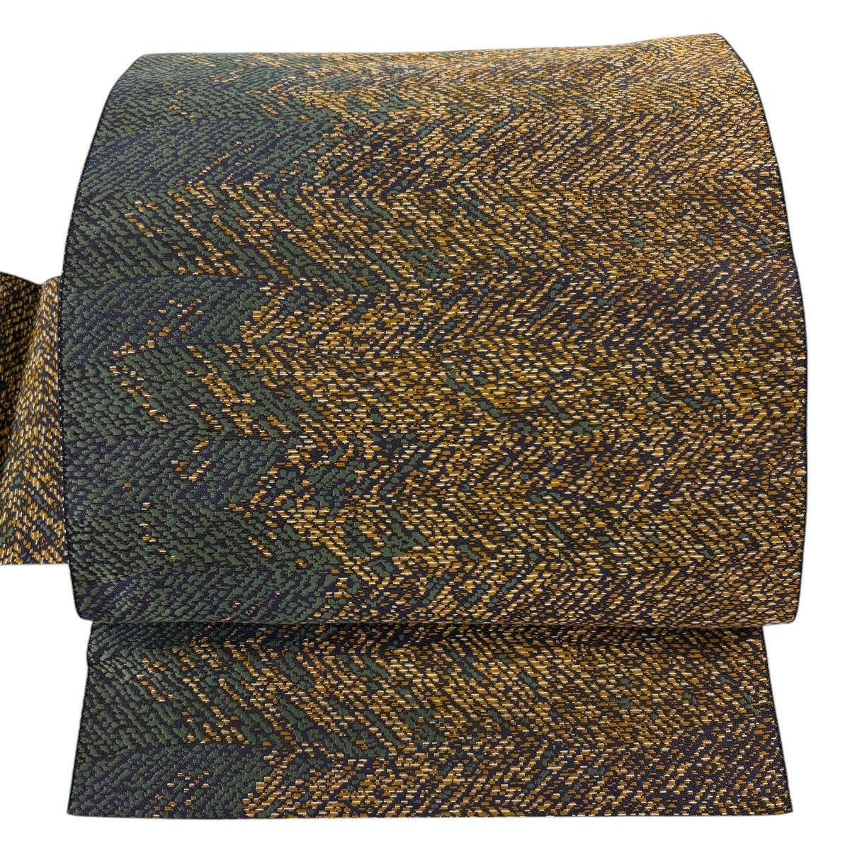 【美品】 名古屋帯 秀品 八寸名古屋帯 幾何学 金糸 山吹茶色 正絹 【中古】