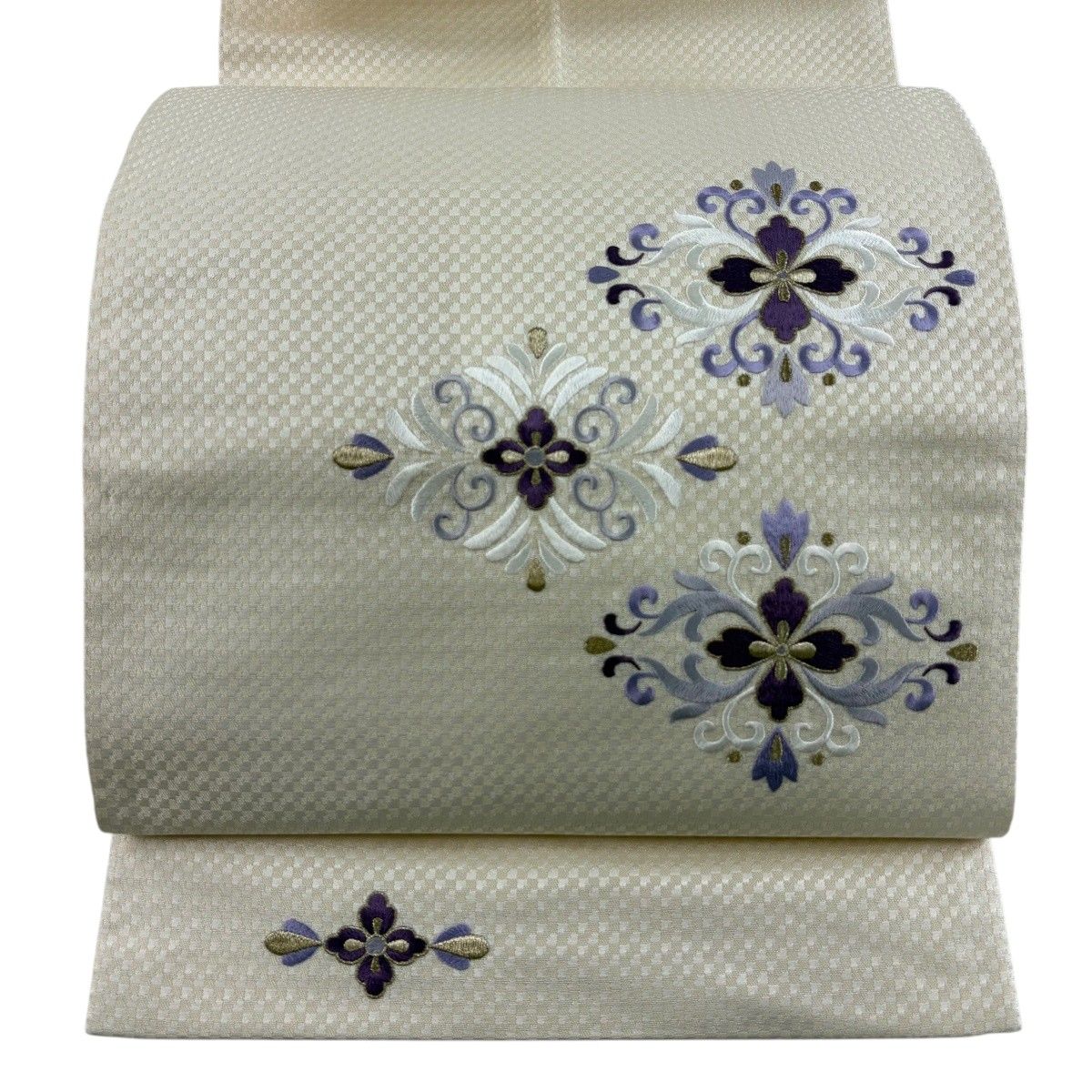 袋名古屋帯 名品 花菱 金糸 刺繍 クリーム 正絹 【中古】