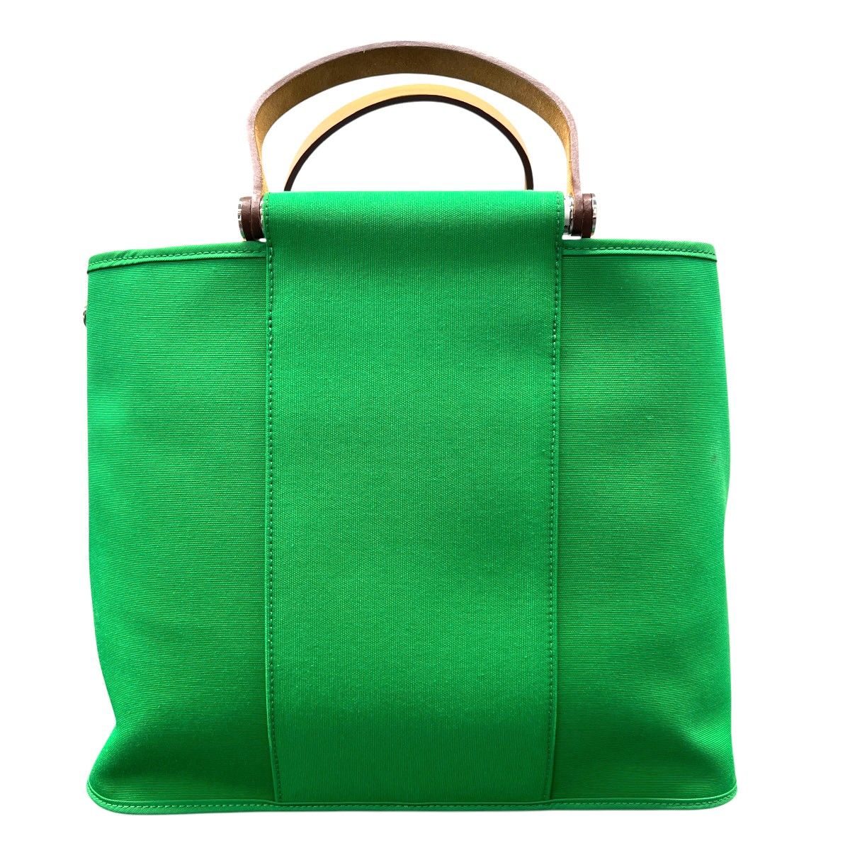 HERMES 希少 美品 エルメス カバックエラン PM バンブー 2way トートバッグ トワルオフィシエ レザー □Q刻印 2013年製造 キャンバス レザー グリーン ハンドバッグ ショルダーバッグ ABランク 中古 鑑定済