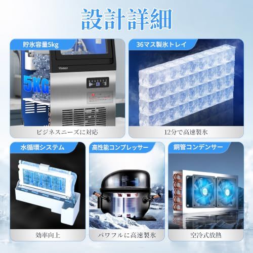 ★新品★業務用製氷機 36kg/日 1回36個 約12分製氷 貯氷5kg 水道直結・ボトル給水 3段階氷厚調整 予約タイマー 自動洗浄 AC100V | 水道直結・ボトル給水対応、薄・中・厚の3段階氷厚調整、純銅ニッケルメッキ製氷皿、予約タイマー、ワンタッチ洗