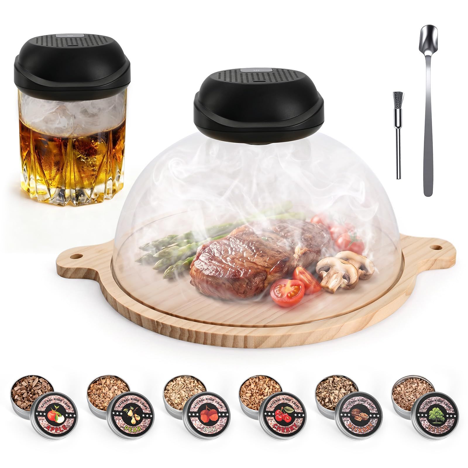 Moonpai 電動燻製器 火不要 USB充電式 23cmガラスドーム付き 6種チップ付属 食品用スモーカーym