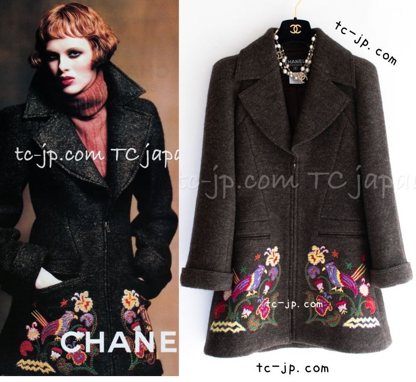 シャネル コート CHANEL ヴィンテージ チャコール チョコ ブラウン 鳥花刺繍 ウール CCジッパー カール・ラガーフェルド 貴重 超美品 34