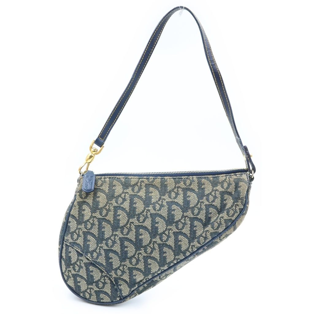 Christian Dior (クリスチャンディオール) トロッター サドル ワンショルダーバッグ ミニハンドバッグ ネイビー レザー×キャンバス ゴールド金具