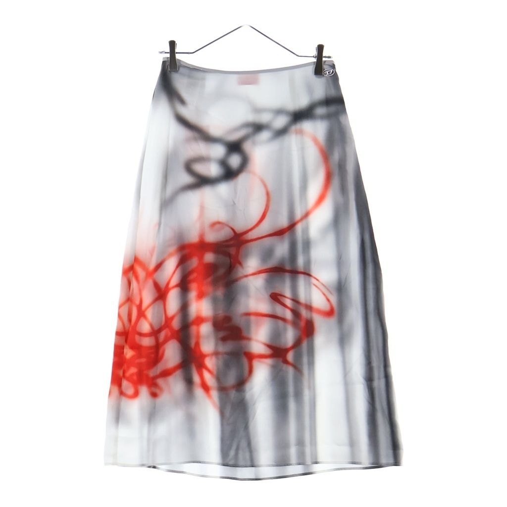 DIESEL (ディーゼル) O-RCHID-S1 SKIRT オーキッド グラフィティプリント サテンミディスカート レディース グレー/レッド A21251
