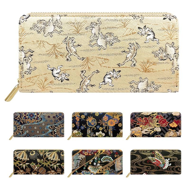 【新品】 [leo&aoi] 長財布 西陣織 ラウンド型 財布 ラウンドファスナー ウォレット ロングウォレット カード収納 小銭入れ 金襴 月影 鳥獣戯画 1