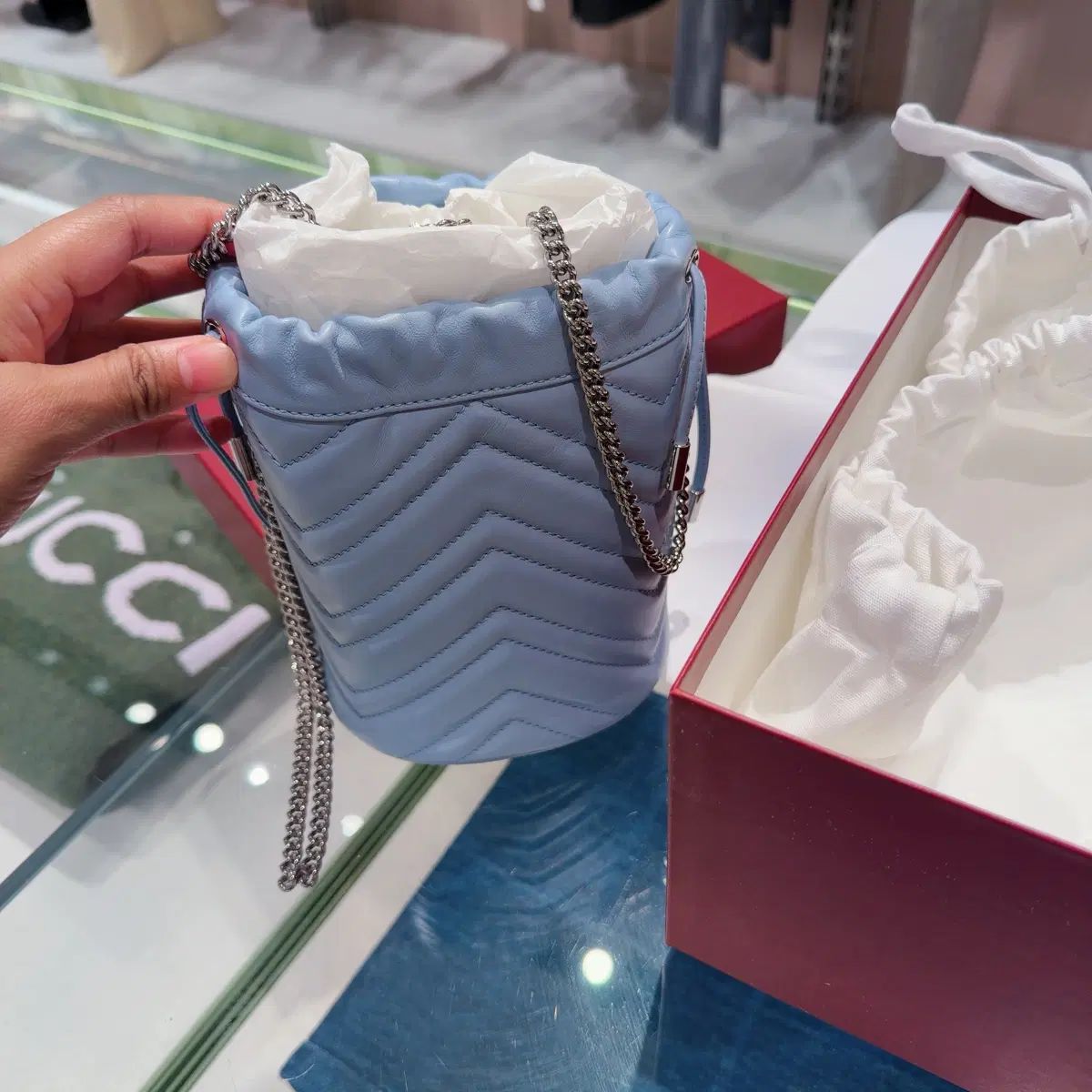 スモール GUCCI グッチ マーモント バケットバッグ スカイブルー 837756 AAFA2 4928