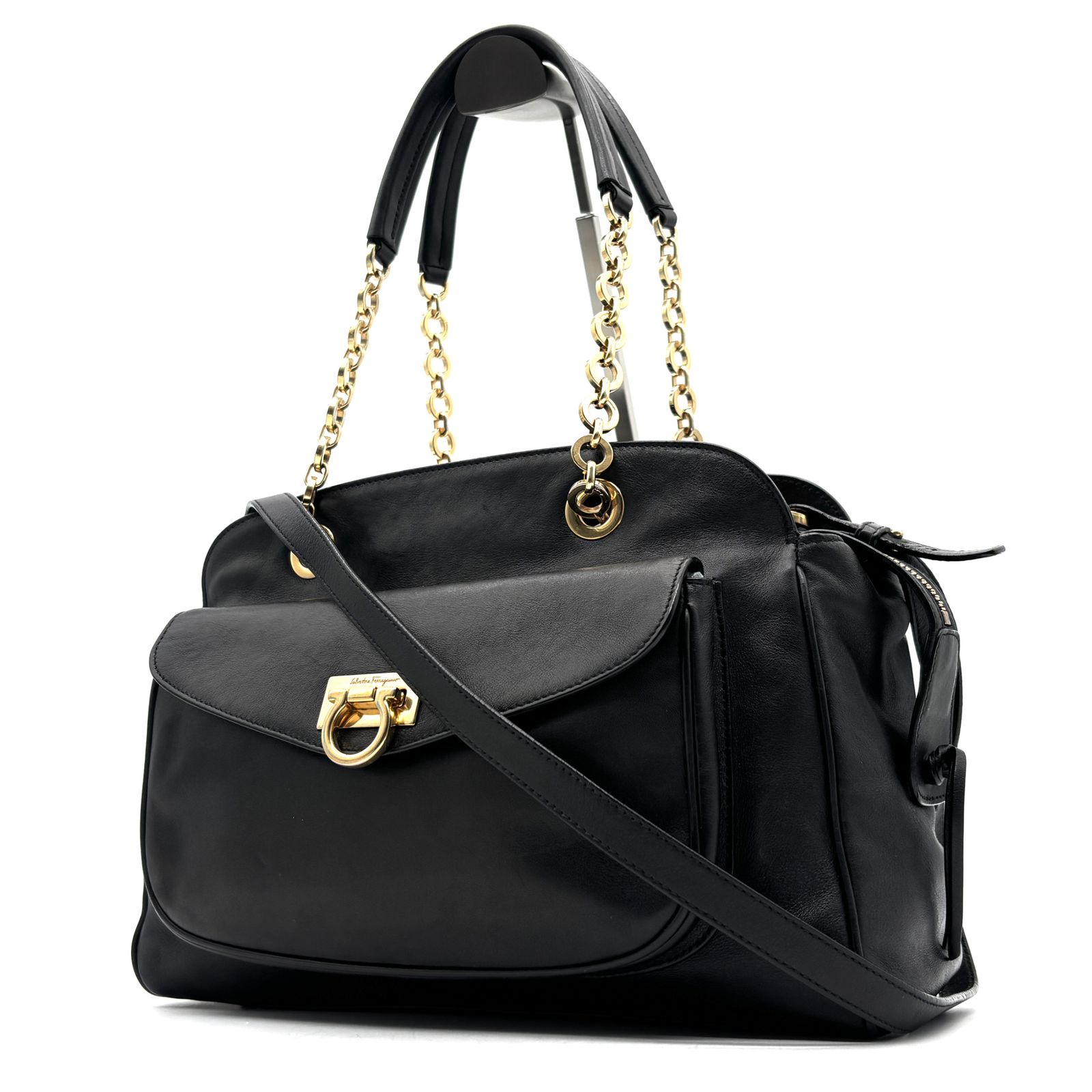 美品 フェラガモ Salvatore Ferragamo 2way ハンドバッグ ショルダーバッグ チェーン ガンチーニ レザー ブラック 黒 斜め掛け 敬老の日 シルバーウィーク 秋休み 行楽 ハロウィン 七五三 冬のボーナス クリスマス ギフト プレゼント