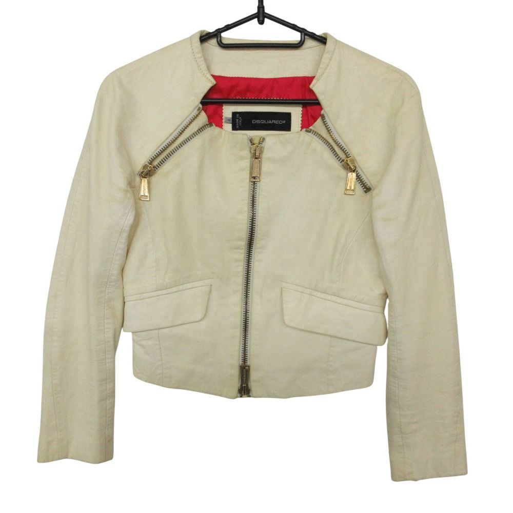 DSQUARED2 ディースクエアード ライダースジャケット ラムレザー ショート丈 ノーカラー 羊革 ブルゾン ジップ アウター イタリア製 ホワイト系 40【M】 レディース 【中古】