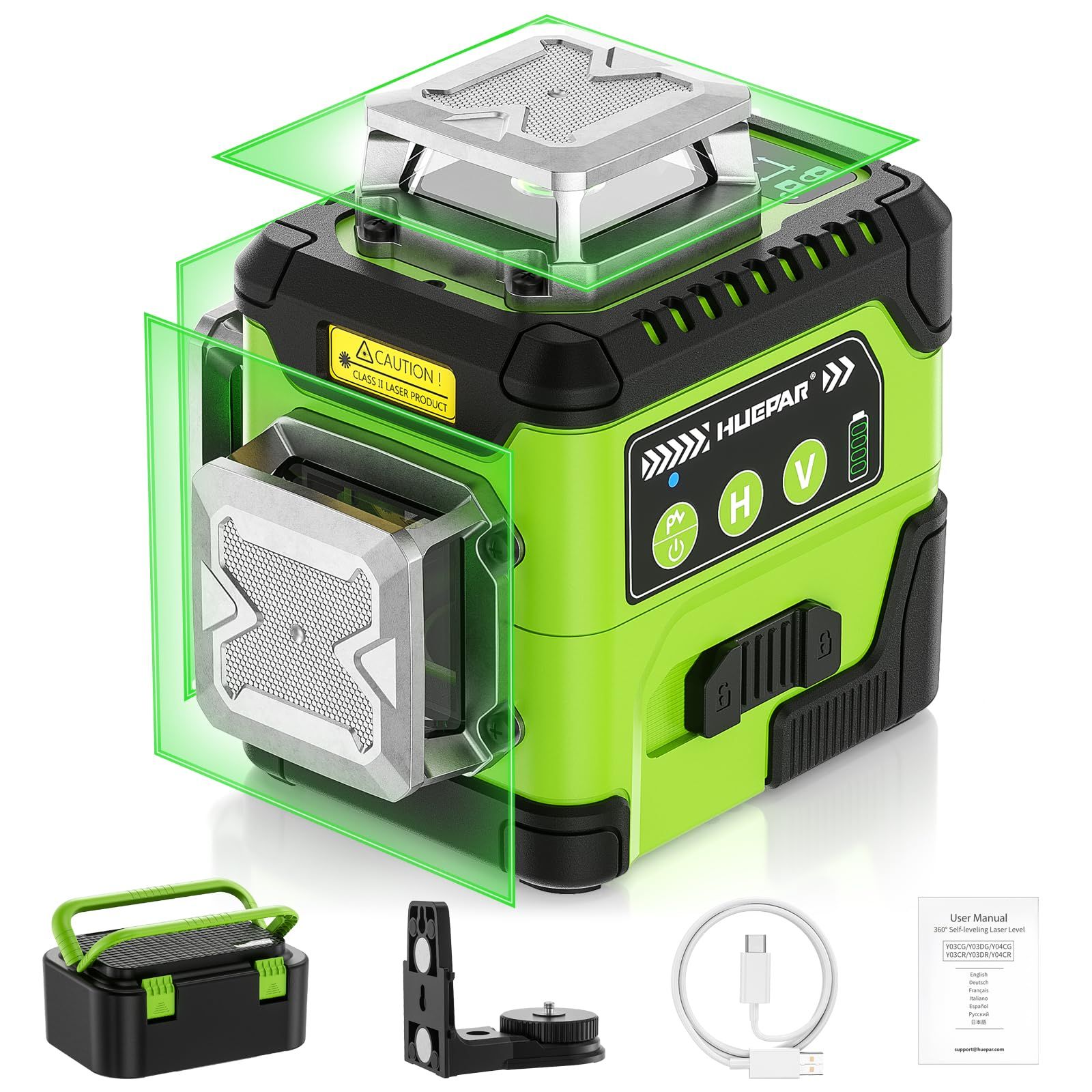 K◆HUEPAR レーザー墨出し器 グリーン 緑色 レーザー クロスライン レーザーレベル 360° セルフレベリング LCDスクリーン付き 3x360°高輝度 充電式 3Dレーザーレベリングツール 建築・絵画吊り下げ用 強力マグネットスタン 245f3242