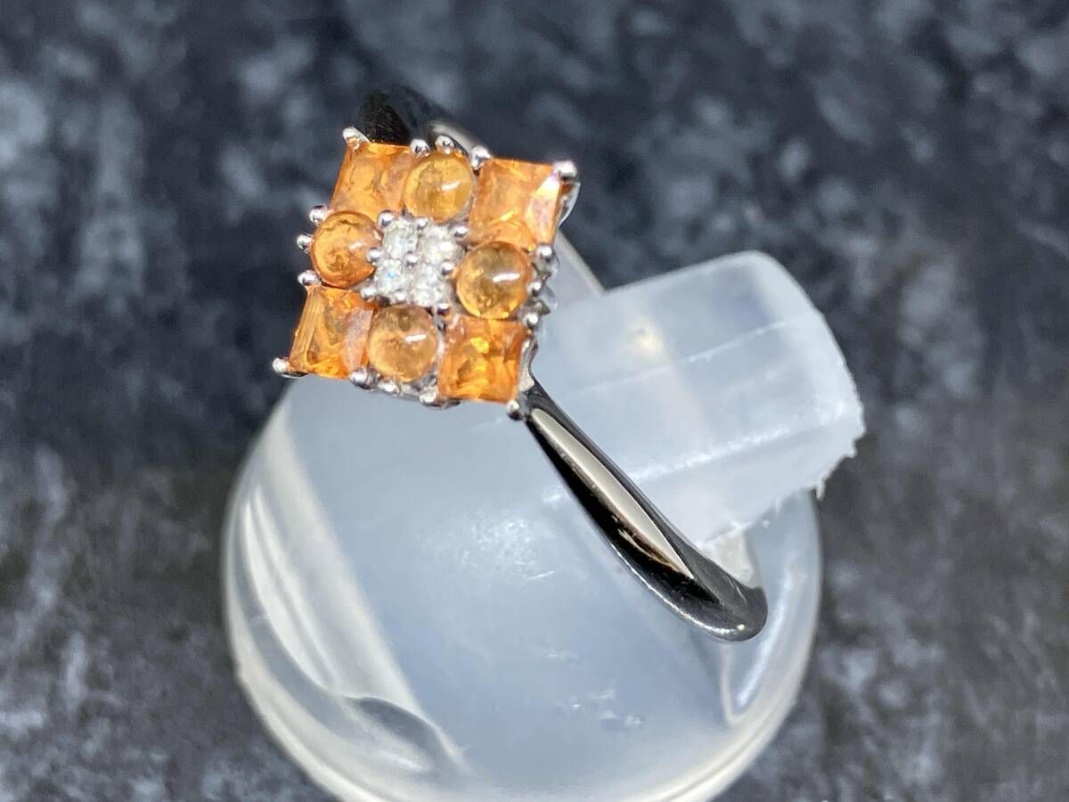 K18WG オレンジストーン スクエア デザインリング 2.2g #12.5 0.36ct 0.01ct 18金 ホワイトゴールド 指輪