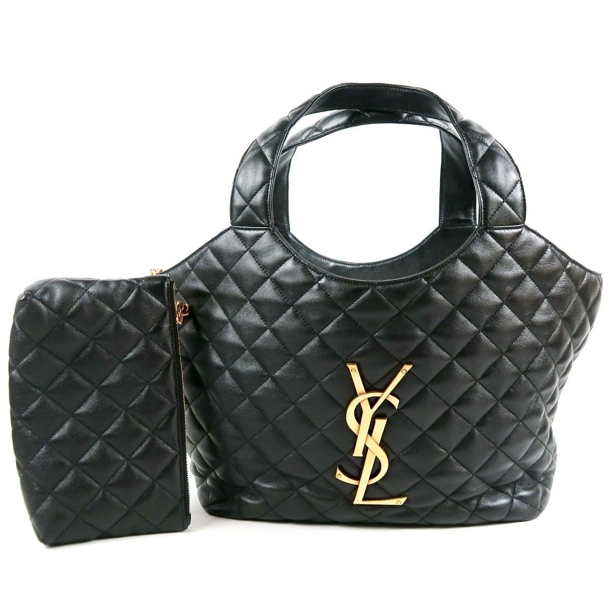 【超美品】YVES SAINT LAURENT イヴサンローラン YSL ICARE カサンドラロゴ キルティング トートバッグ ブラック オールレザー【VF71】