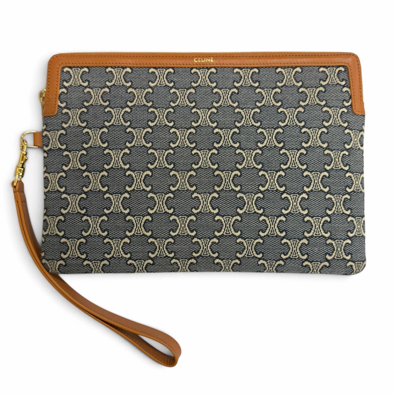 美品△CELINE セリーヌ 10J502GX5.07PM ストラップ付き キュイル トリオンフ スモールポーチ キャンバス レザー ネイビー エクリュ タン