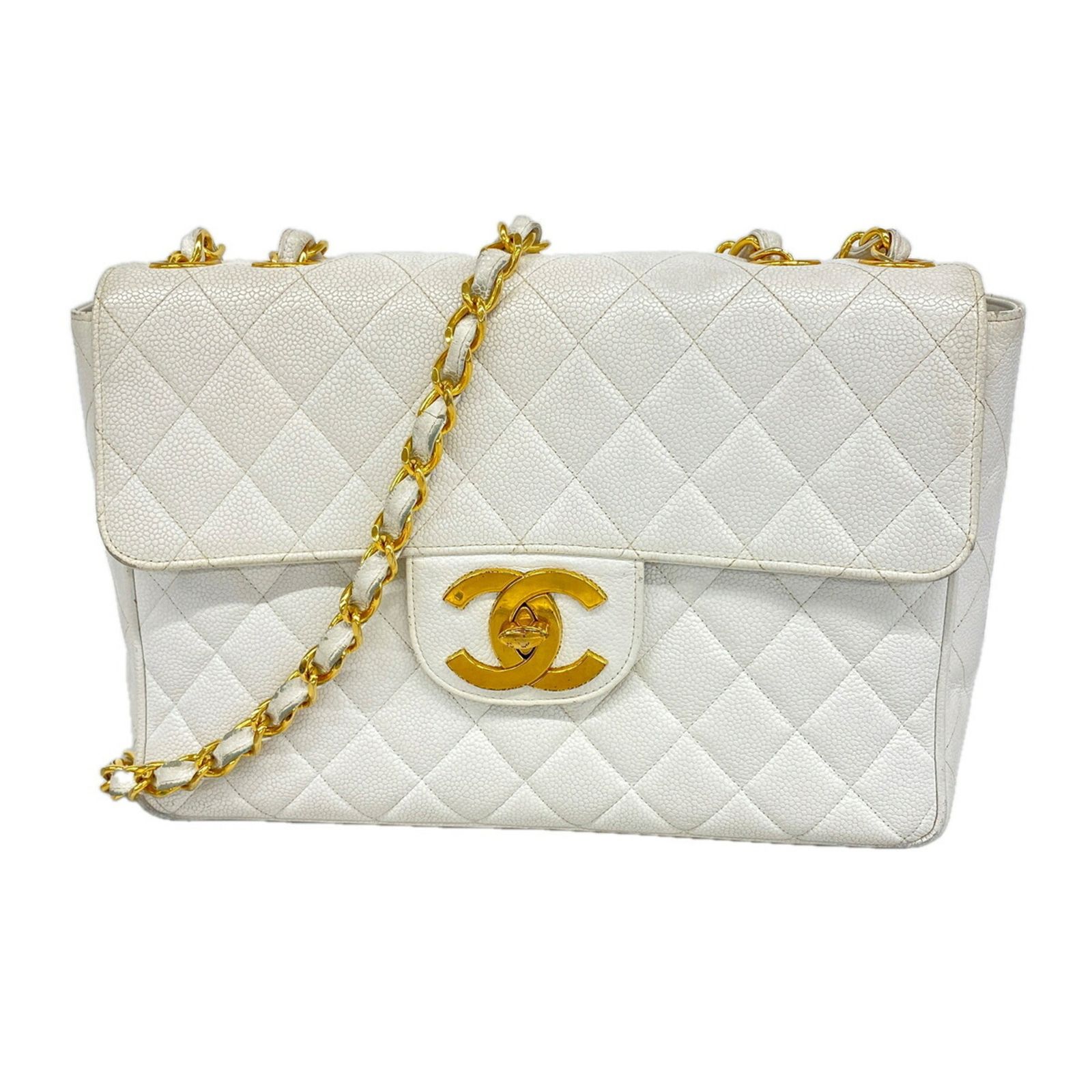 シャネル(Chanel) シャネル ショルダーバッグ デカマトラッセ Wチェーン キャビアスキン ホワイト レディース