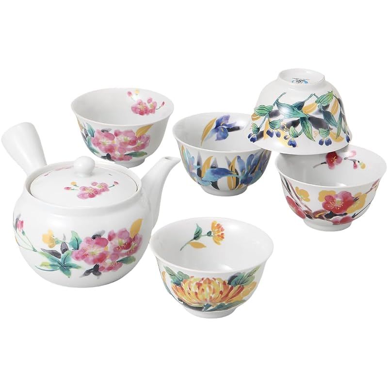 【新品】 [美濃焼] [万葉草花 急須茶器セット] 磁器 陶器 急須 湯呑み 5客セット 日本製 茶器セット 茶こし付き 和食器 来客用 おもてなし 結婚祝い 還暦祝い ギフト 贈り物 化粧箱入り 1