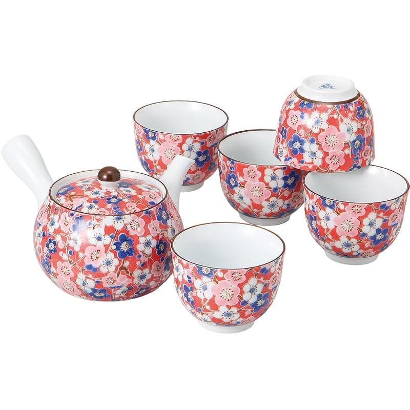 【新品】 [有田焼] [彩紅梅 急須茶器セット] 磁器 煎茶器 茶器セット 急須 湯呑み 5客セット 日本製 和食器 茶こし付き 伝統工芸 来客用 結婚祝い 還暦祝い ギフト 贈り物 化粧箱入り 1