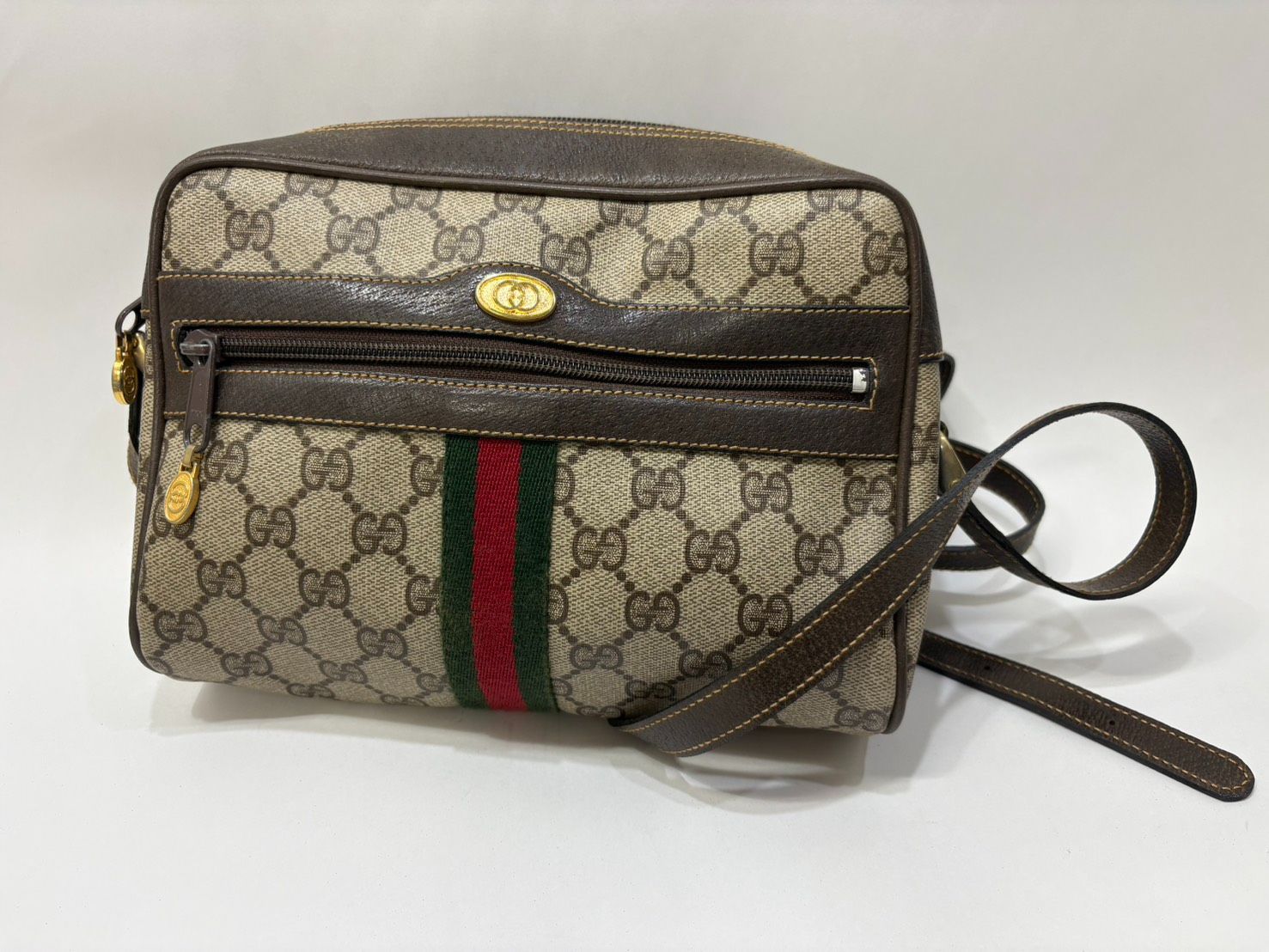 【鑑定済】GUCCI グッチ オールドグッチ ショルダーバッグ GG柄 シェリーライン 010 378 アクセサリーコレクション PVC レザー ベージュ ブラウン ヴィンテージ t340
