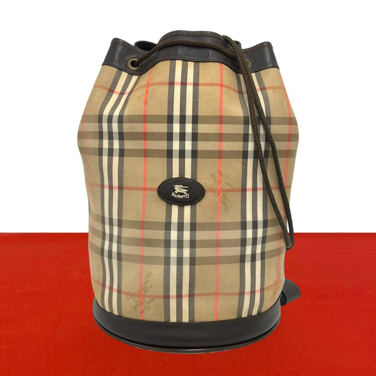極 美品 Burberrys バーバリーズ ヴィンテージ ノバチェック シャドーホース キャンバス レザー 巾着 ショルダーバッグ ベージュ 00245