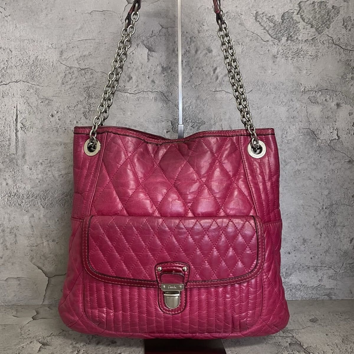COACH Y2K Pink Poppy Quilted Chain Bag コーチ トートバッグ キルティング ポピー チェーン レザー ピンク