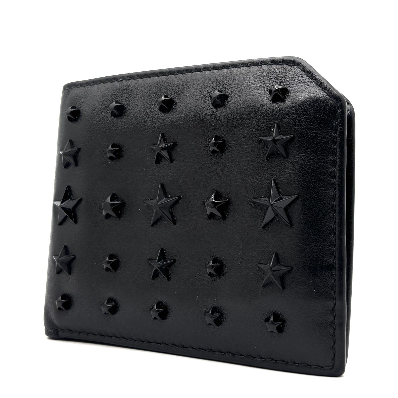 未使用に近い ジミーチュウ JIMMY CHOO 二つ折り財布 コンパクトウォレット スタースタッズ 星柄 レザー ブラック 黒 敬老の日 秋休み 行楽 ハロウィン 七五三 ブラックフライデー 冬のボーナス クリスマス ギフト プレゼント