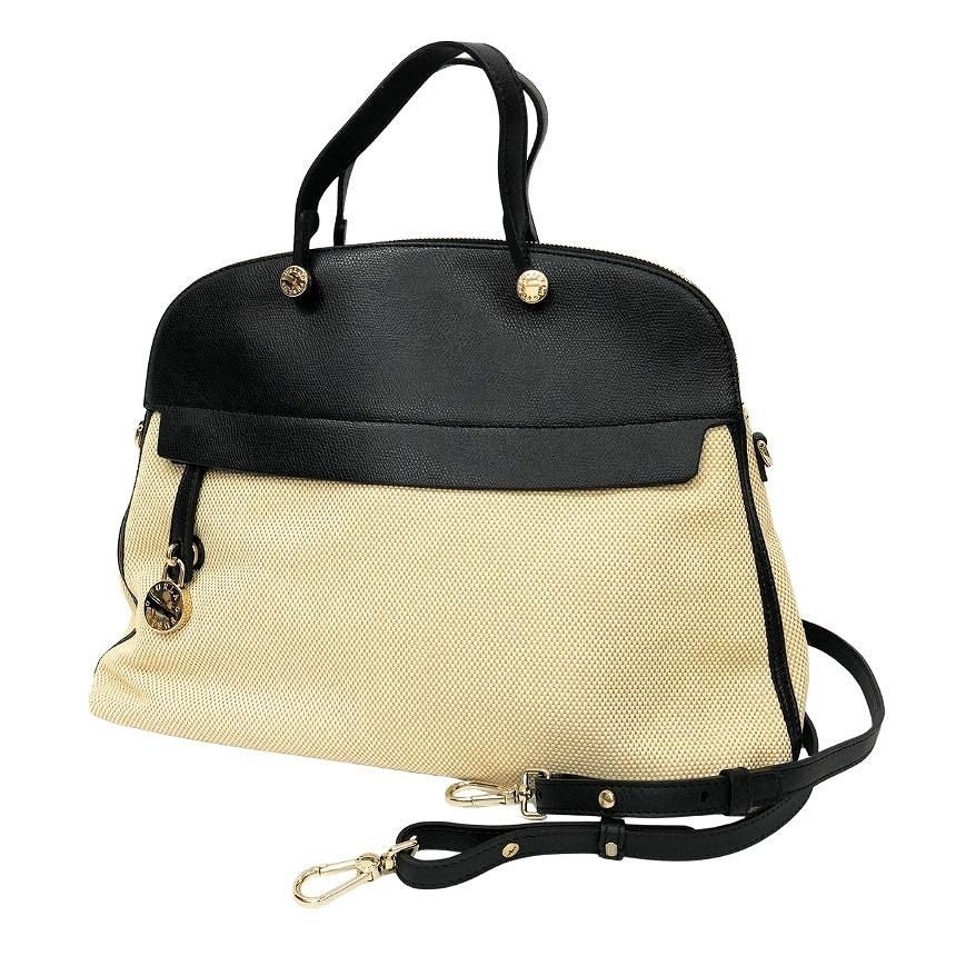 フルラ FURLA パイパー ハンドバッグ 2WAY ショルダーバッグ レザー×キャンバス ブラック×ナチュラル 未使用 新古品 aq13213