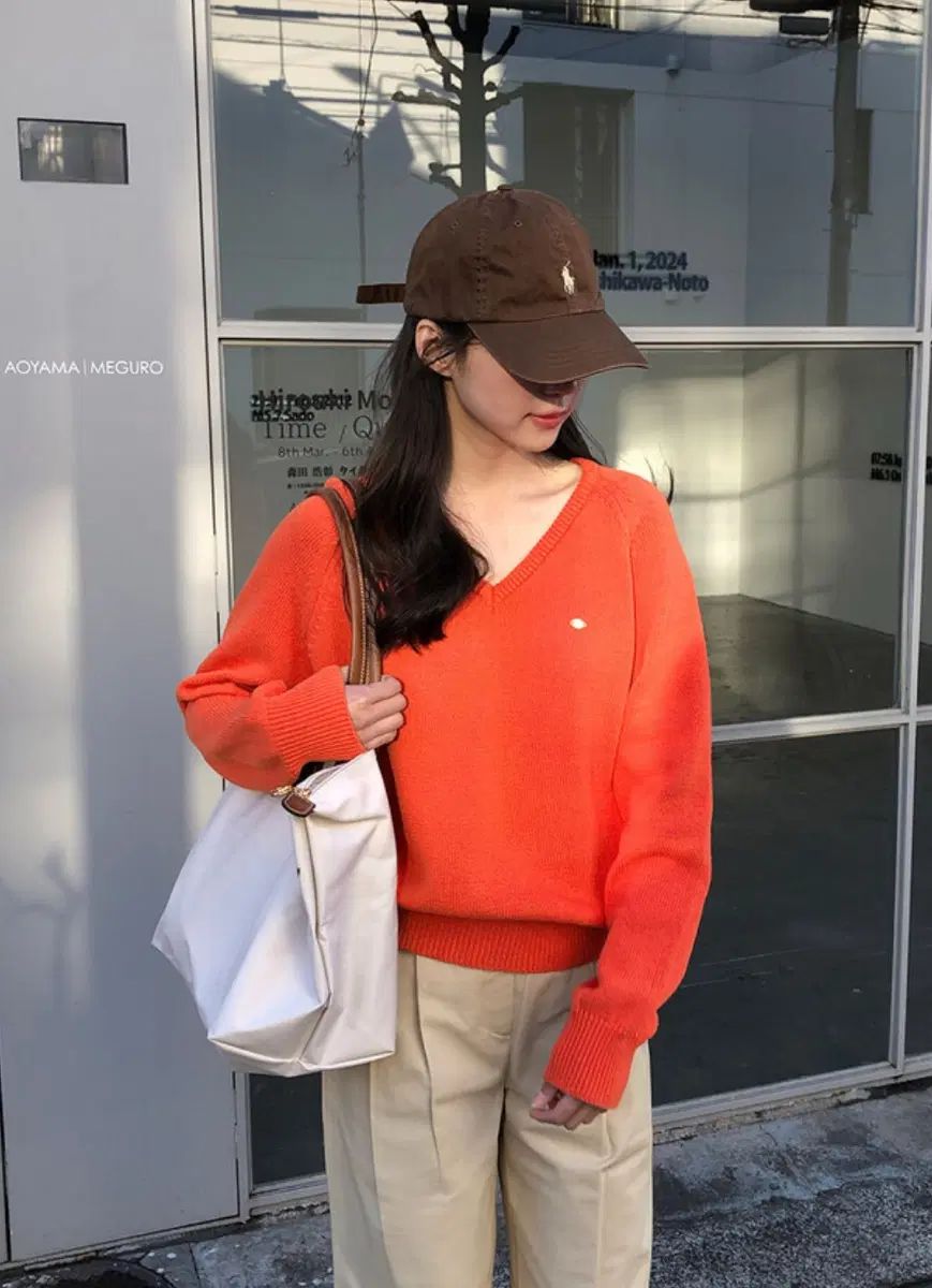 新品 / Ordinaryment Again コットン Vネック ニット (オレンジ)