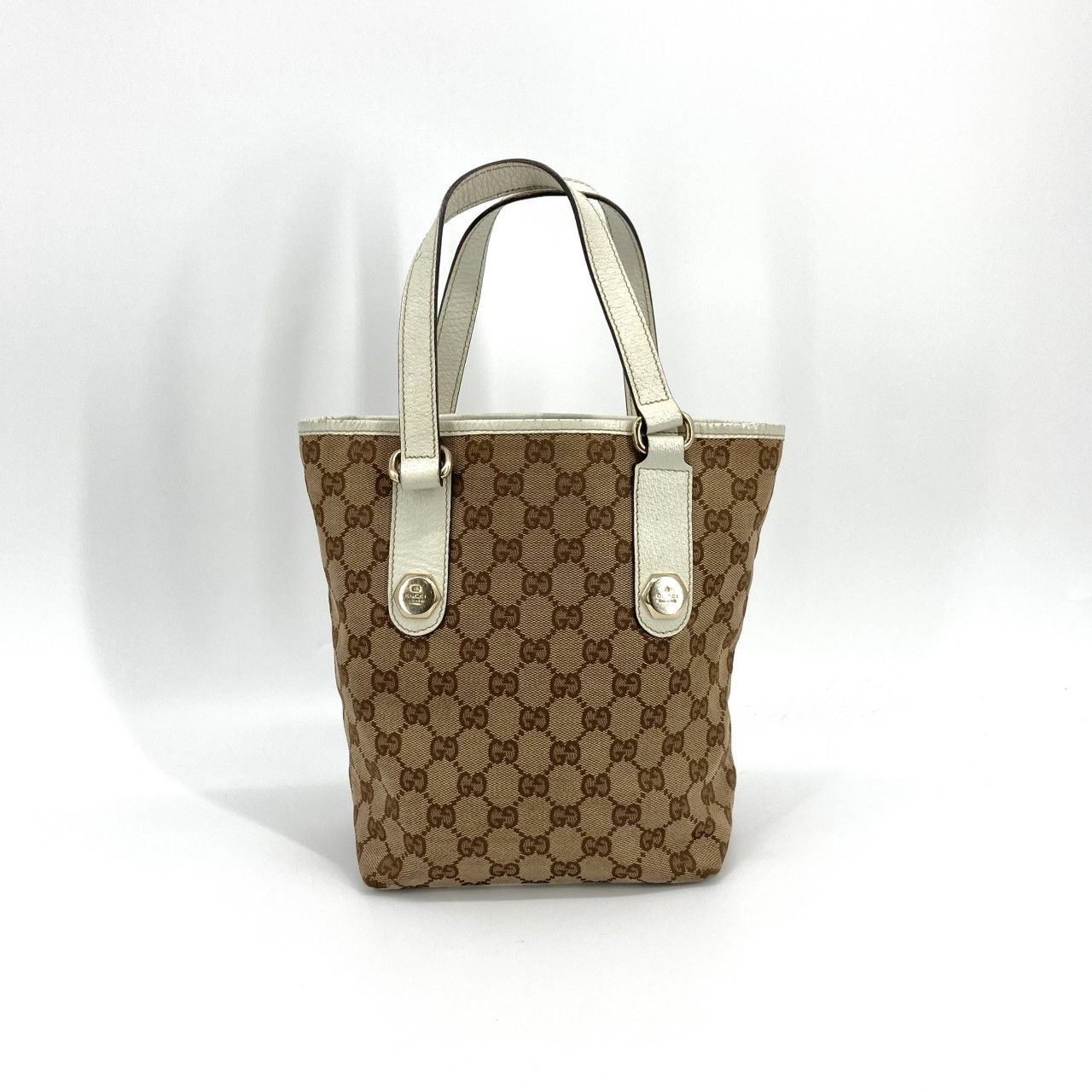 GUCCI（グッチ） オールドグッチ ＧＧキャンバス×レザー ゴールドカラー金具 バケツ型 153361 トートバッグ ベージュ×ホワイト 19,800円