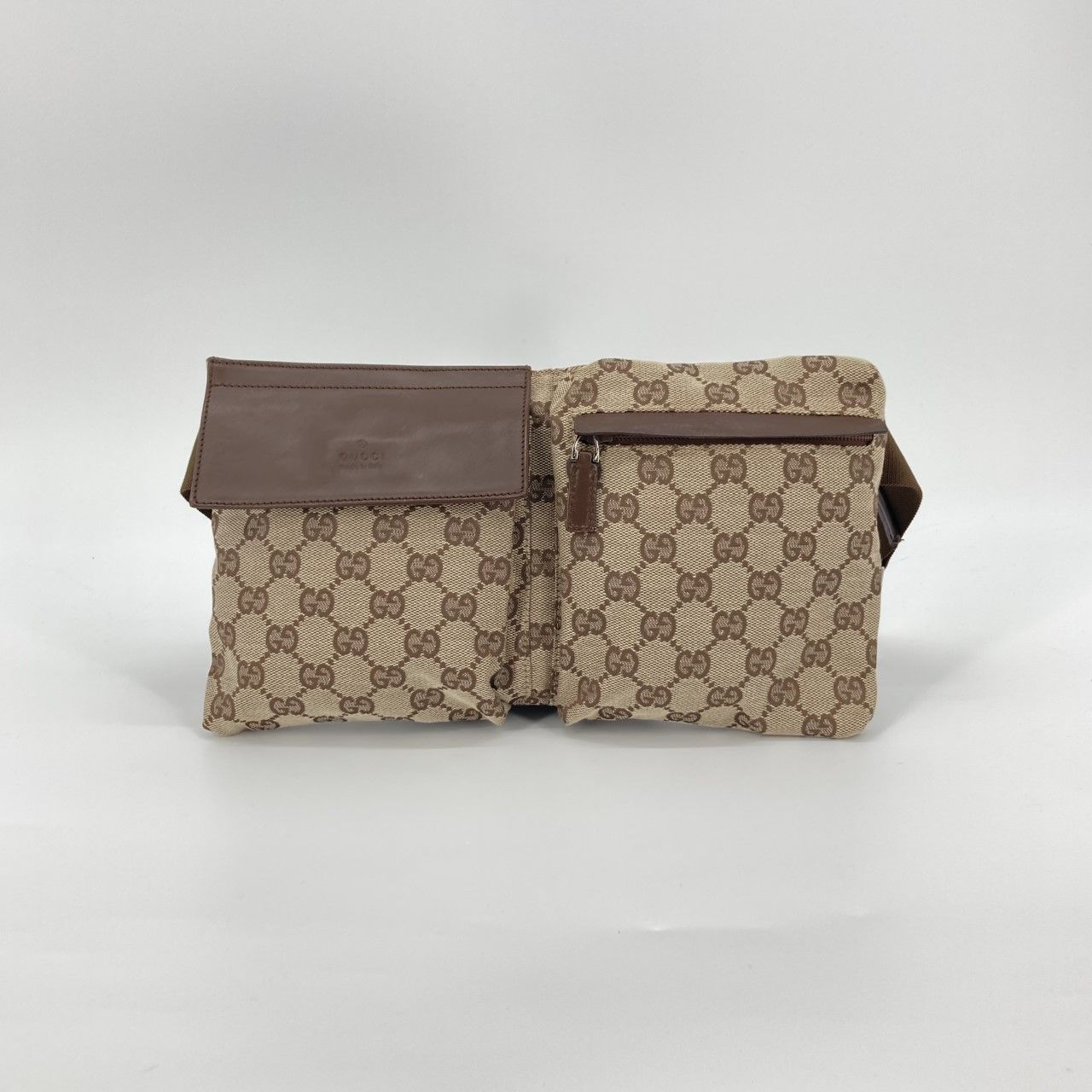 GUCCI（グッチ） ＧＧキャンバス ダブルポケット レザーフラップ 28566 ウエストバッグ ブラウン
