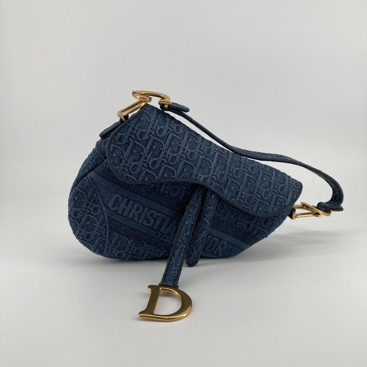 Christian Dior（クリスチャンディオール） オブリーク サドルフラップ デニム ゴールドDストラップ ハンドバッグ ブルー×ゴールド
