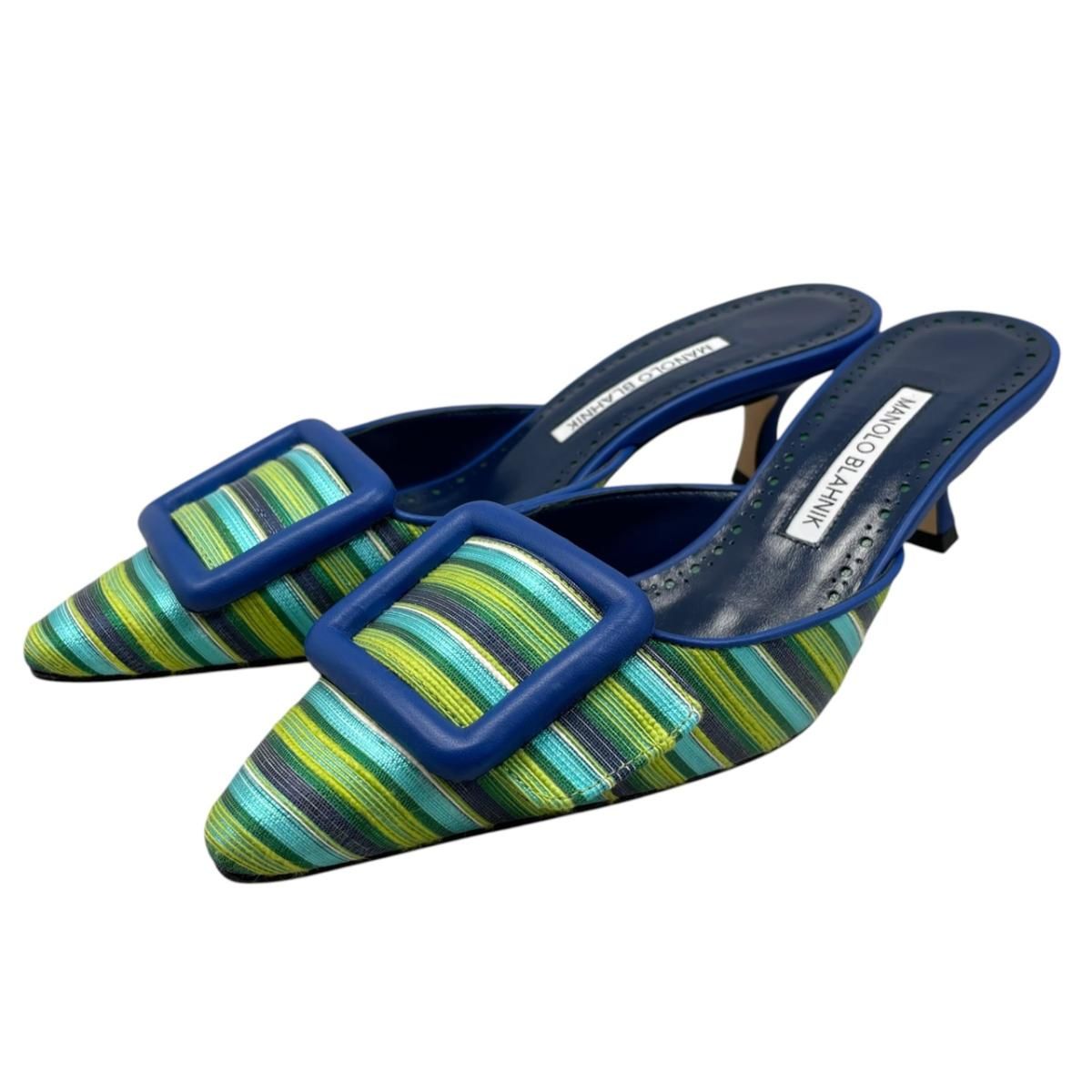 ☆マノロブラニク ミュール メイセールビ ストライプ 35072372 レザー マルチカラー ブルー グリーン Manolo Blahnik