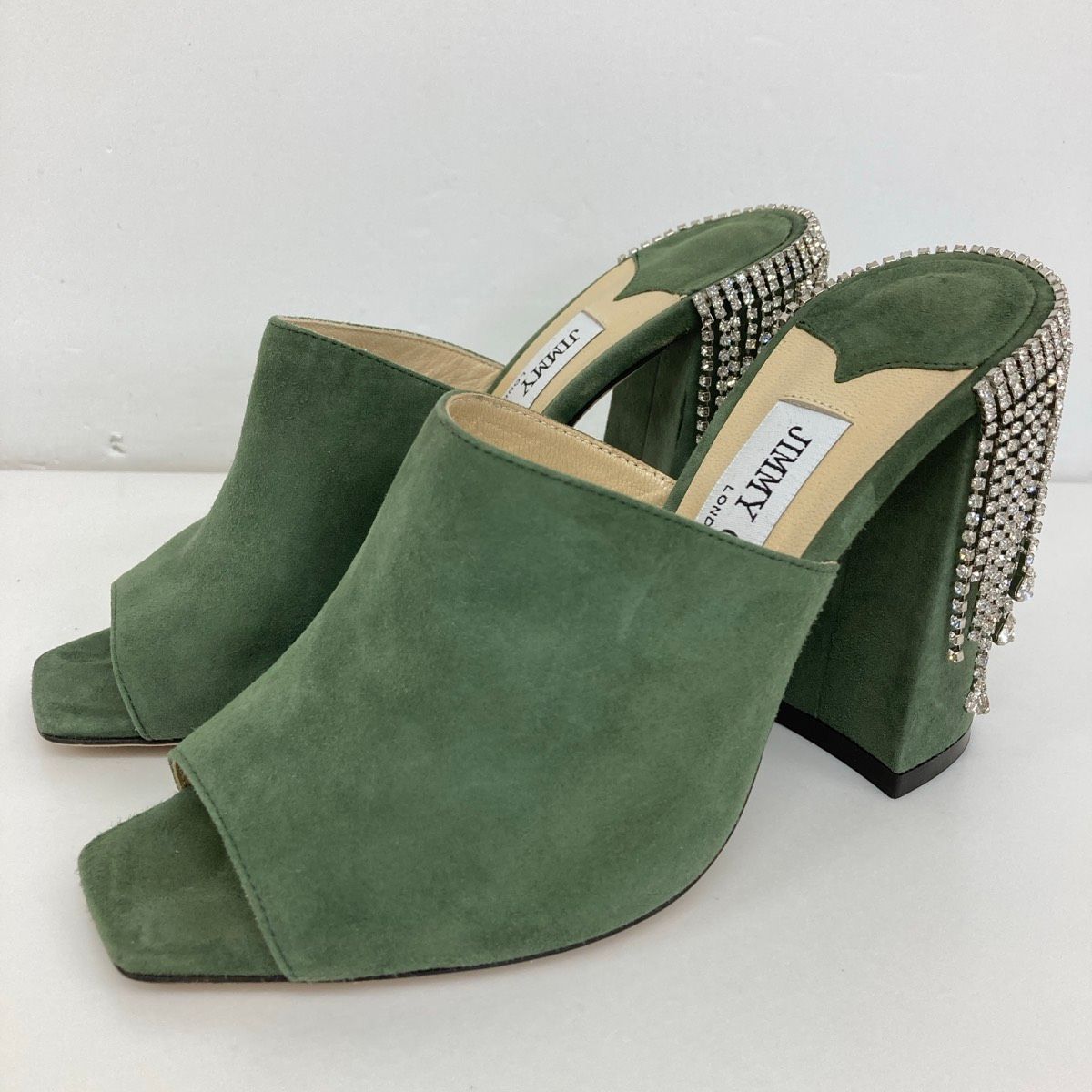 美品 ジミーチュウ/JIMMY CHOO ミュール/サンダル 35(22cm相当) グリーン スエード ビジュー ラインストーンイタリア製レディース[OX04018] 10,389円
