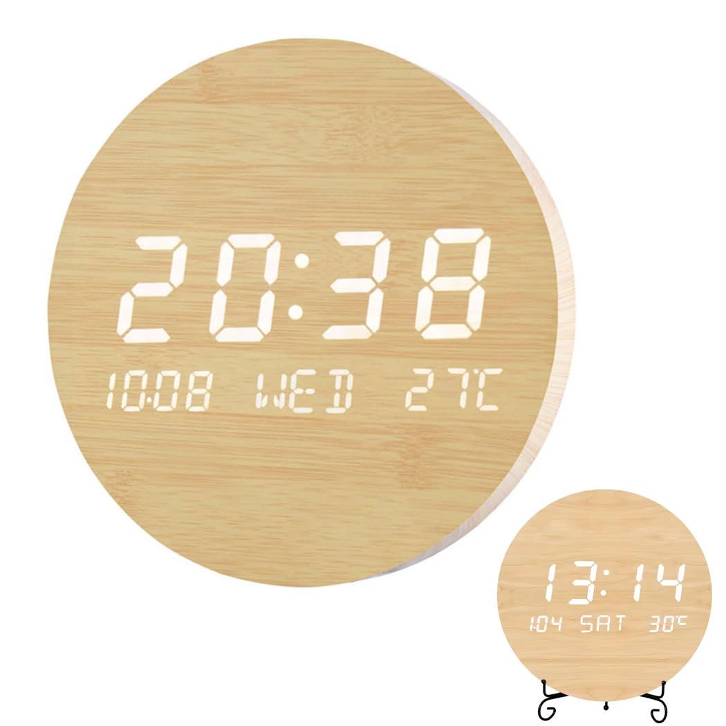壁掛け時計 LEDデジタル 掛け時計 静音 時間/日付/温度を大画面表示 12/24時間モード スマート光感調節 USB充電式 長時間航続 記憶機能付き おしゃれ リビングルーム 寝室 書斎 オフィス ホーム装飾 北欧風 (木目調)★
