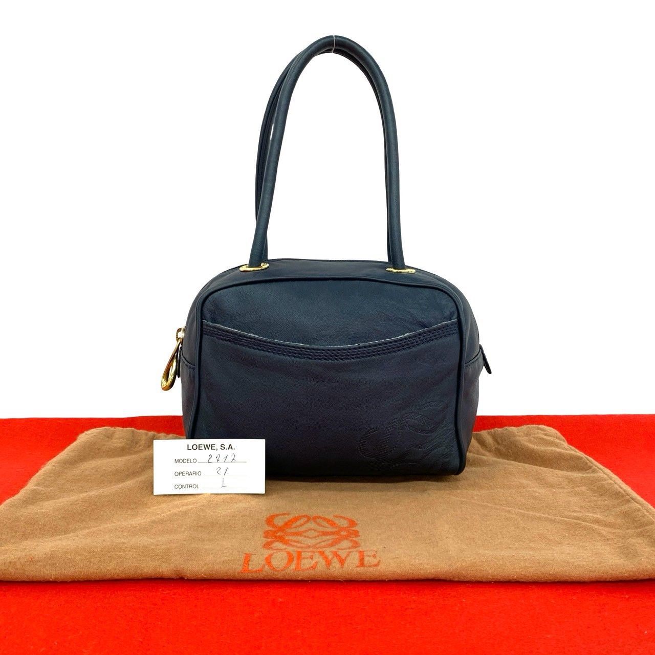 極 美品 袋付き LOEWE ロエベ ヴィンテージ アナグラム ロゴ ナッパ レザー 本革 ハンドバッグ ミニ ボストンバッグ ネイビー 915-1